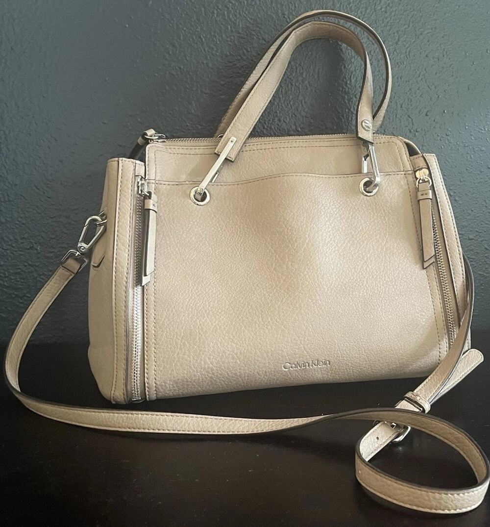 Calvin Klein Pebbled Leather Satchel Crossbody Tote Beige Taupe Shoulder Bag Med